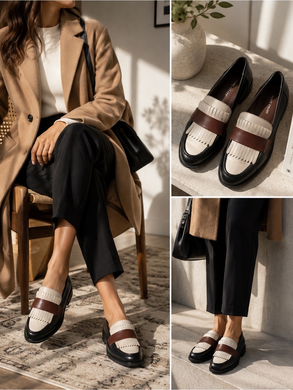 Marc Fisher Colorblock Kiltie Loafers Black Cream Brown Size Women’s 11M Preppy - Picture 1 of 11